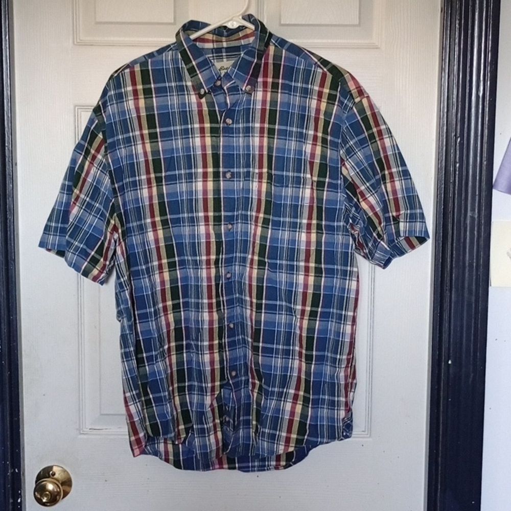 Medium Blue & Red Eddie Bauer Button Up Short Sleeve Flannel Plaid